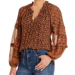Kobi Halperin -McKenna Foliage Print Blouse, Orange Brown Floral Boho /Blouse